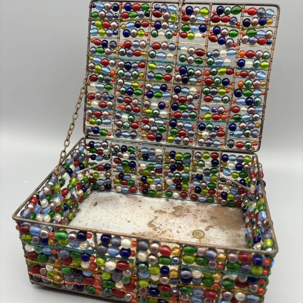 Vintage‎ Glass Beaded Metal Jewelry Box Copper Color Boho Retro